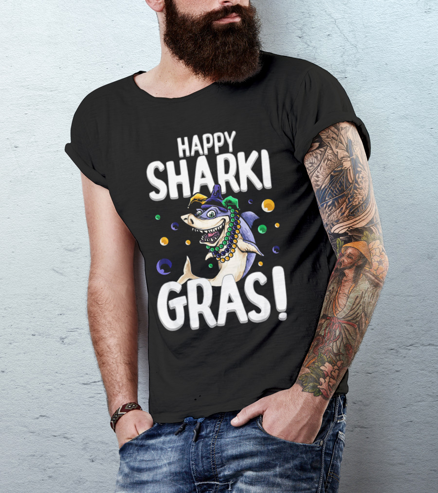 Happy Sharki Gras Funny Mardi Gras Shark With Beads And Jester Hat T-Shirt