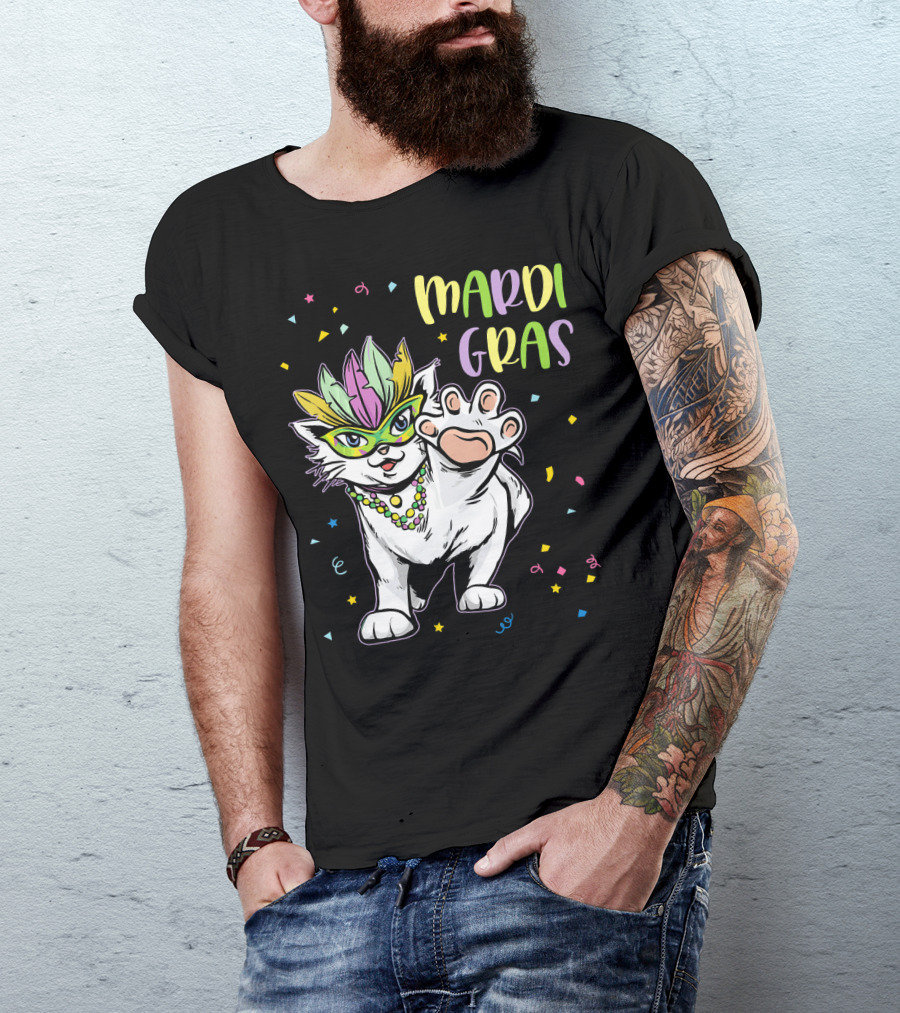 Mardi Gras Masked Cat Dancing With Beads And Confetti T-Shirt