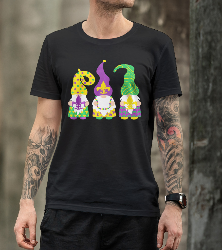 Gnomes Mardi Gras Shrove Tuesday Fleur-de-lis Beads Carnival T-Shirt