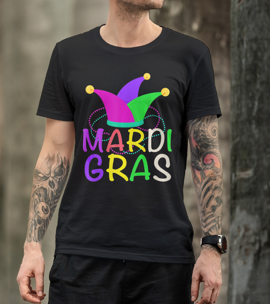 Mardi Gras Jester Hat Colorful Beads T-Shirt
