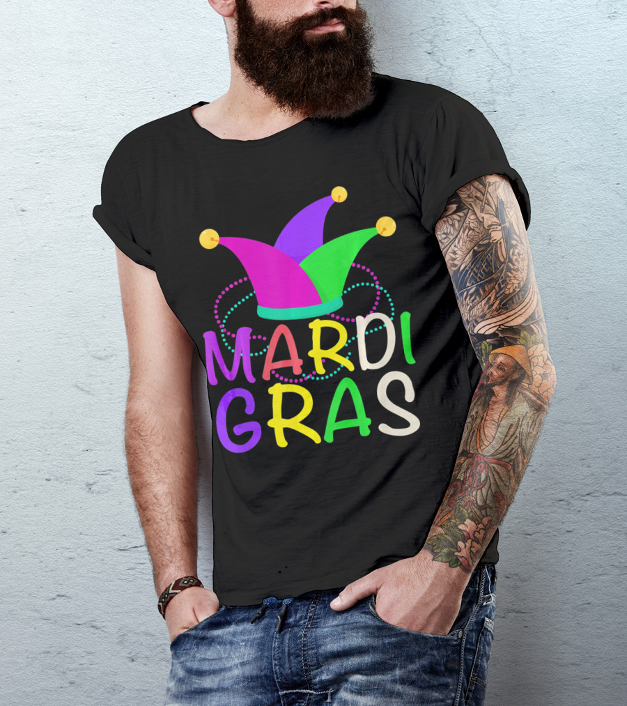 Mardi Gras Jester Hat Colorful Beads T-Shirt