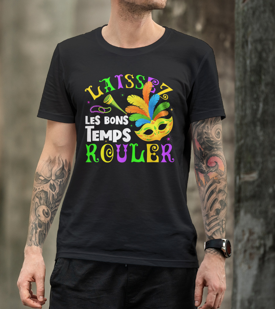 Laissez Les Bons Temps Rouler Mardi Gras Mask Beads Horn T-Shirt