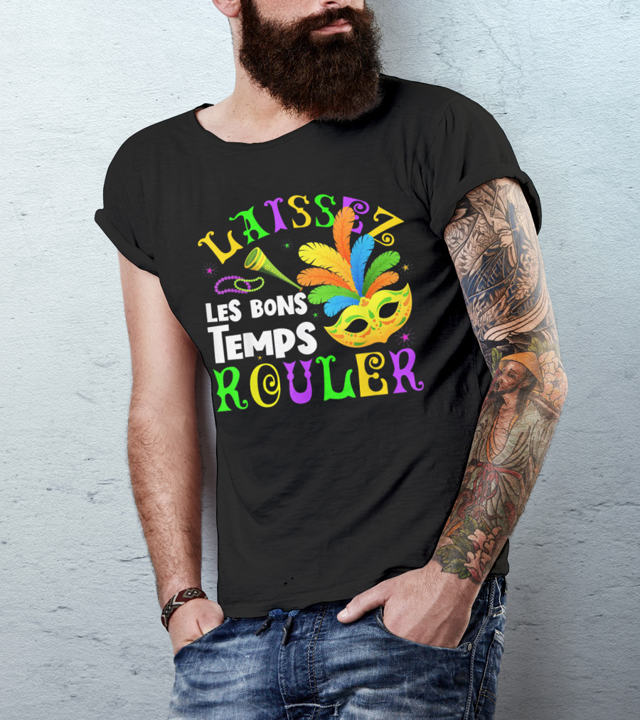 Laissez Les Bons Temps Rouler Mardi Gras Mask Beads Horn T-Shirt