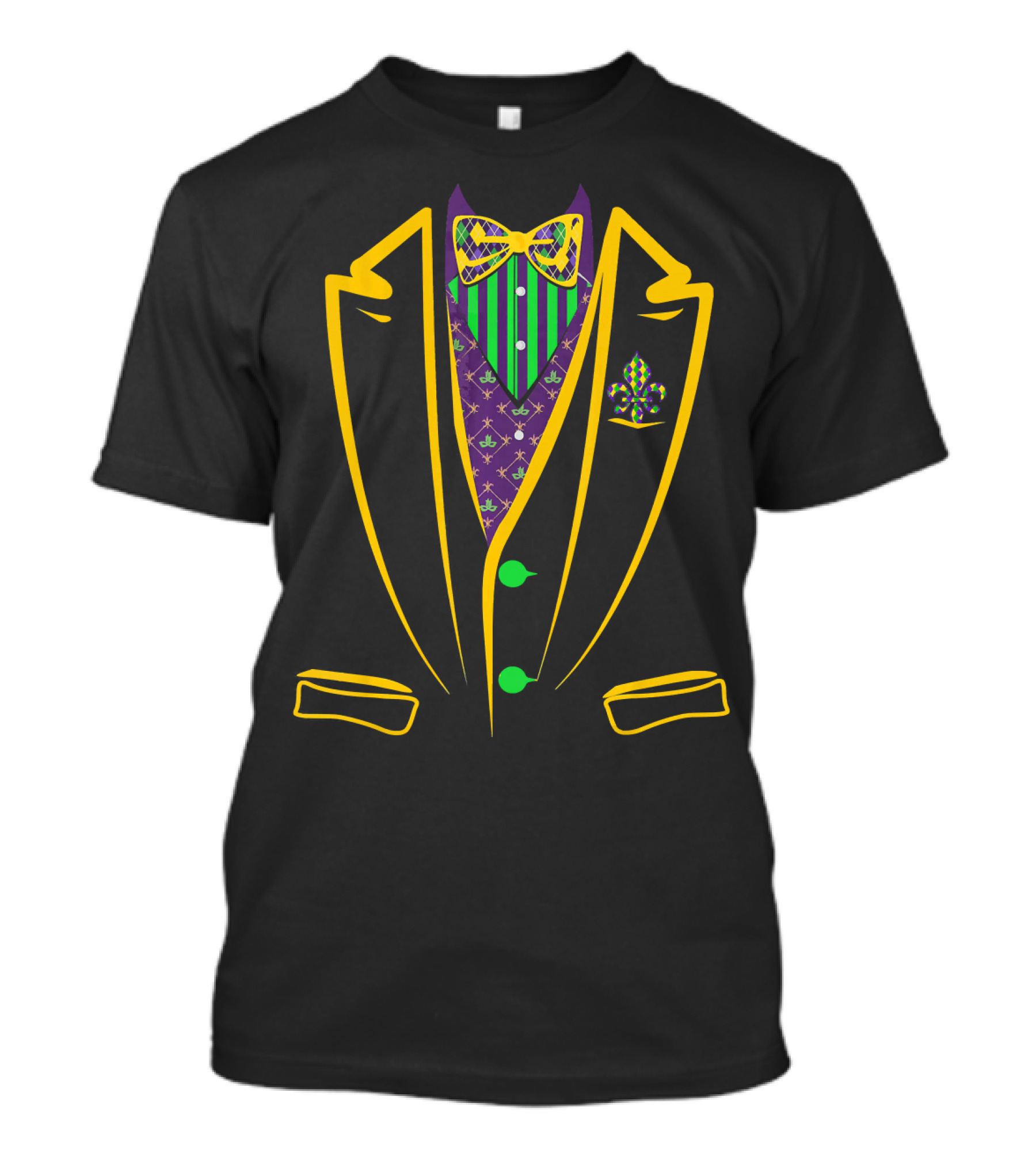 Mardi Gras Tuxedo Costume Carnival Parade Vibrant Bow Tie And Fleur De Lis T-Shirt