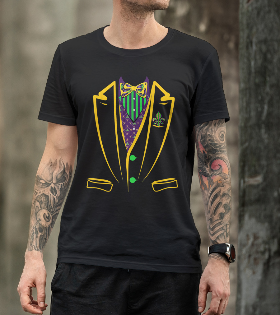 Mardi Gras Tuxedo Costume Carnival Parade Vibrant Bow Tie And Fleur De Lis T-Shirt