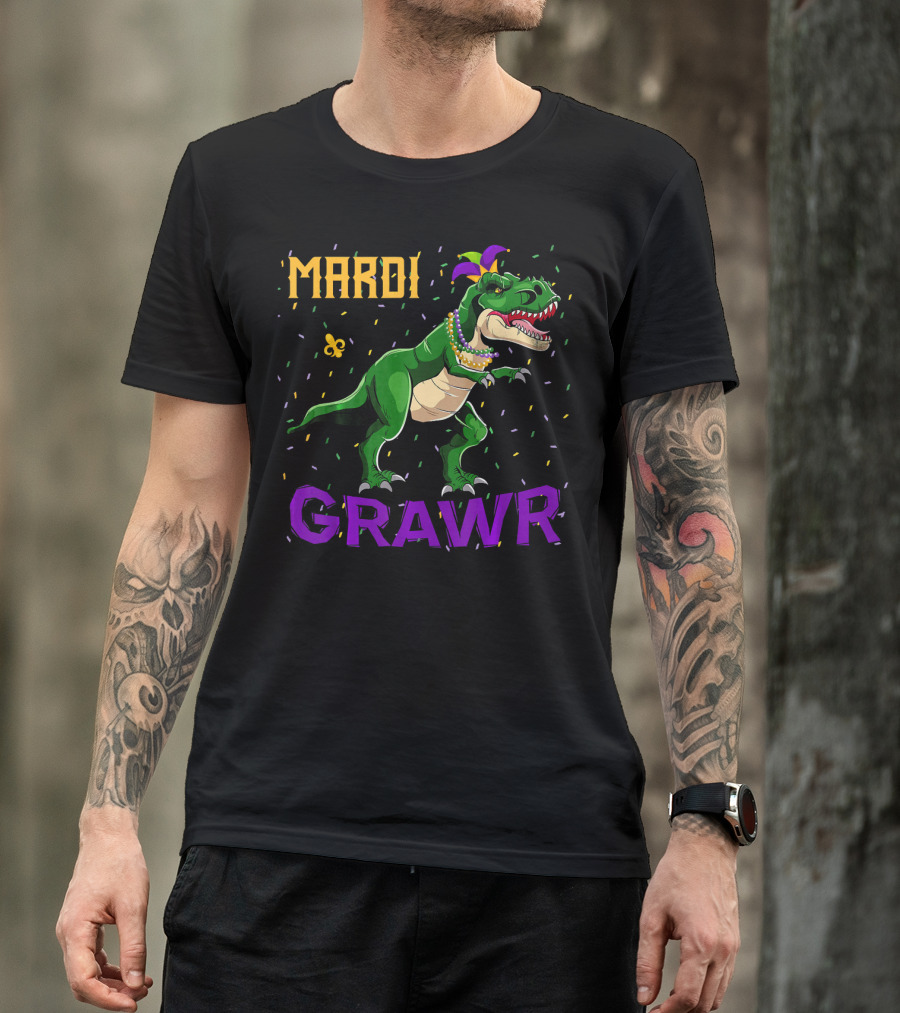 Mardi Gras Dinosaur Rex Grawr Festive Beads And Fleur-de-lis T-Shirt