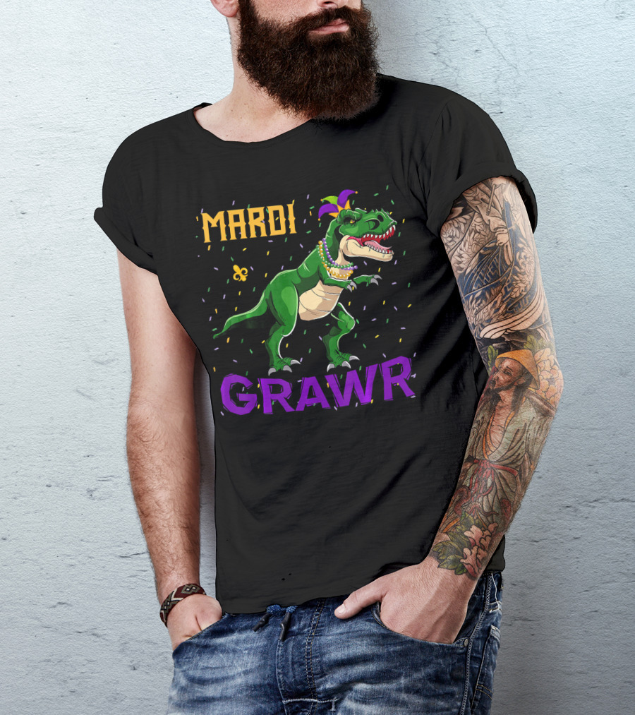 Mardi Gras Dinosaur Rex Grawr Festive Beads And Fleur-de-lis T-Shirt