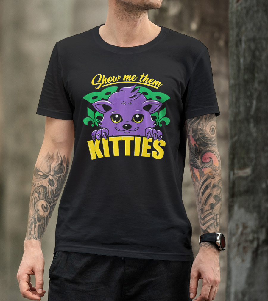 Show Me Them Kitties Mardi Gras Mask Purple Cat Fleur-de-Lis T-Shirt