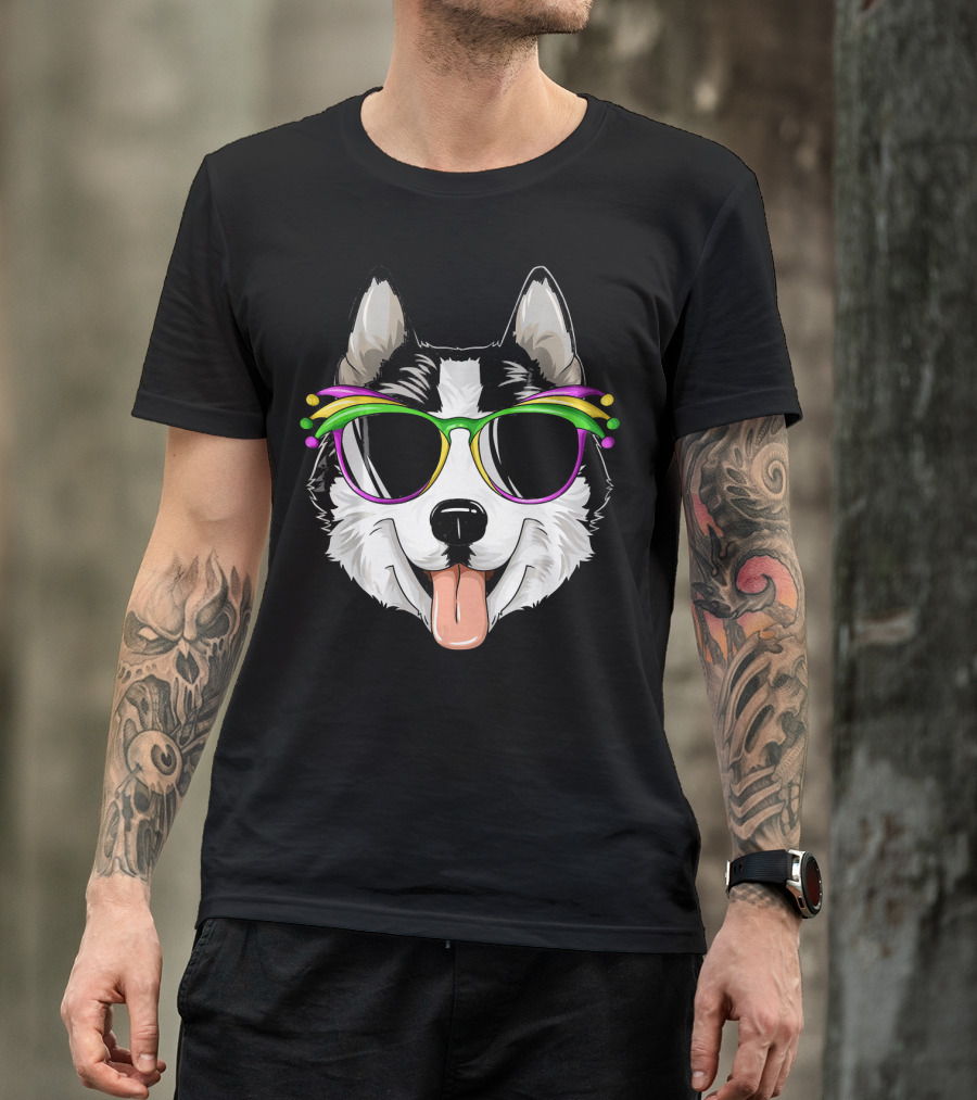 Husky Mardi Gras Carnival Mask Sunglasses Dog T-Shirt
