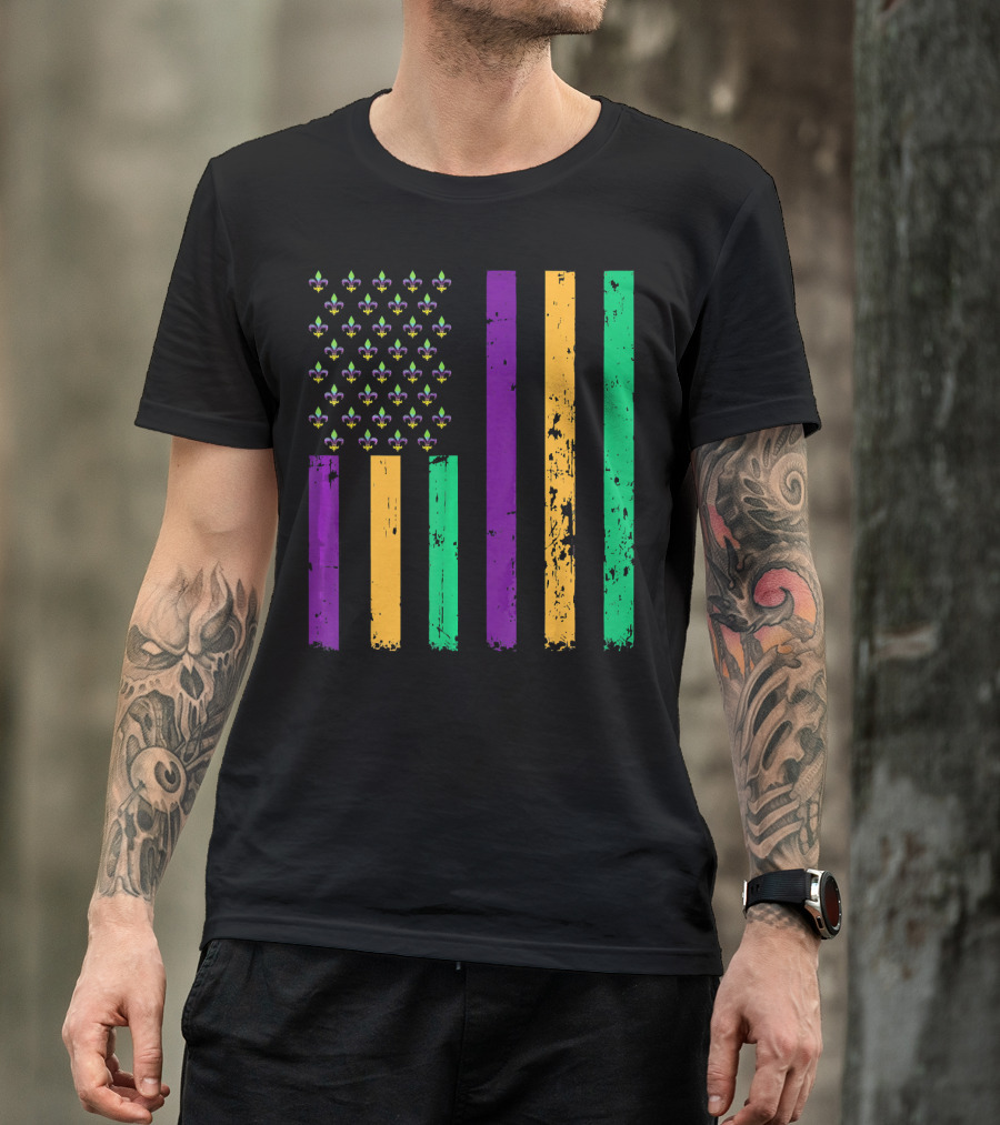 Vintage Fleur-de-Lis Mardi Gras American Flag T-Shirt
