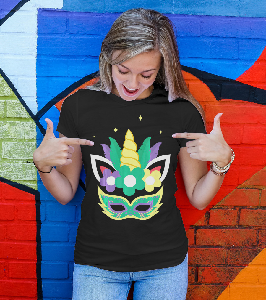 Unicorn Mardi Gras Mask With Flowers And Stars T-Shirt