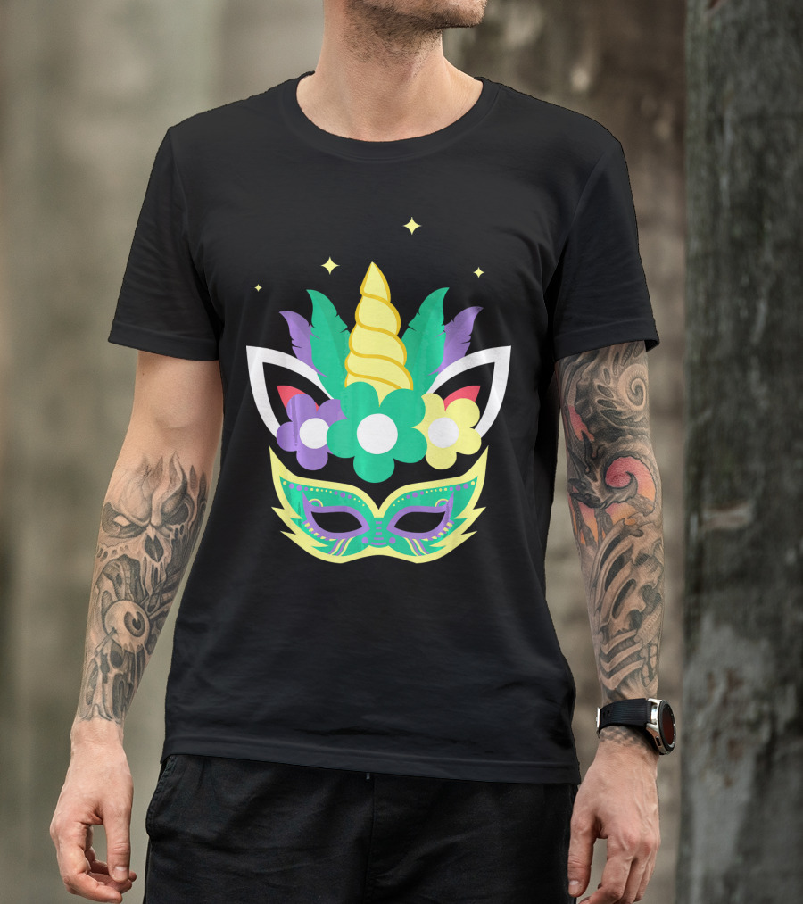 Unicorn Mardi Gras Mask With Flowers And Stars T-Shirt
