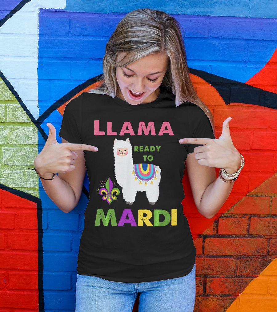 Llama Ready To Mardi Gras Fleur De Lis Festival Colors T-Shirt