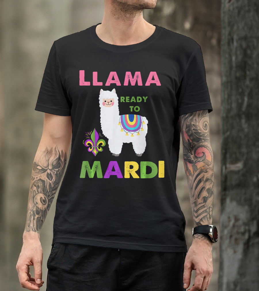 Llama Ready To Mardi Gras Fleur De Lis Festival Colors T-Shirt