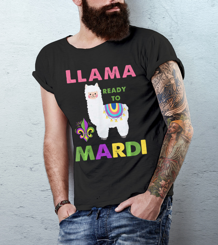 Llama Ready To Mardi Gras Fleur De Lis Festival Colors T-Shirt
