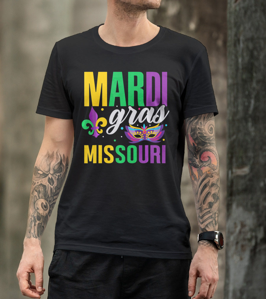 Mardi Gras Missouri Parade Beads Fleur-de-Lis Mask T-Shirt