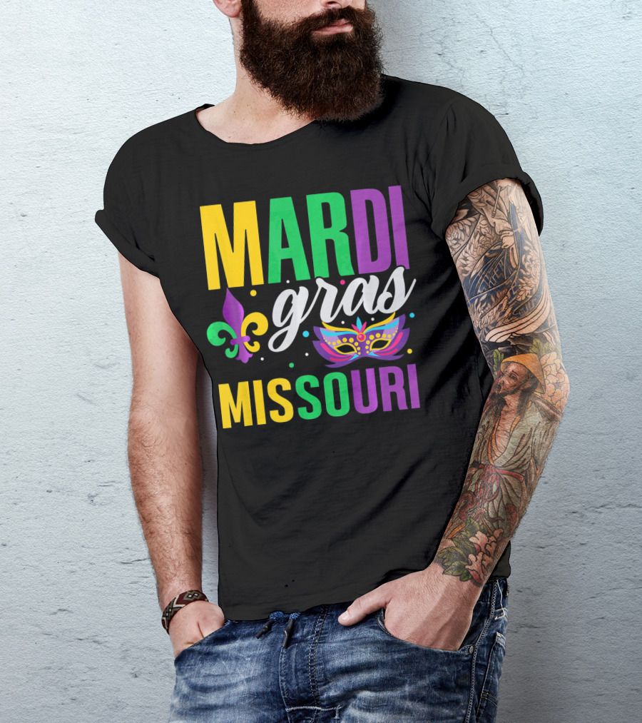 Mardi Gras Missouri Parade Beads Fleur-de-Lis Mask T-Shirt