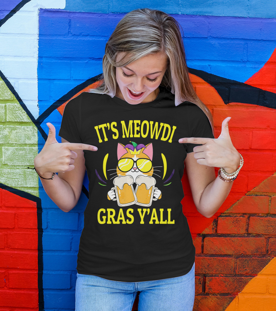 It's Meowdi Gras Y'all Cat With Beers And Sunglasses T-Shirt