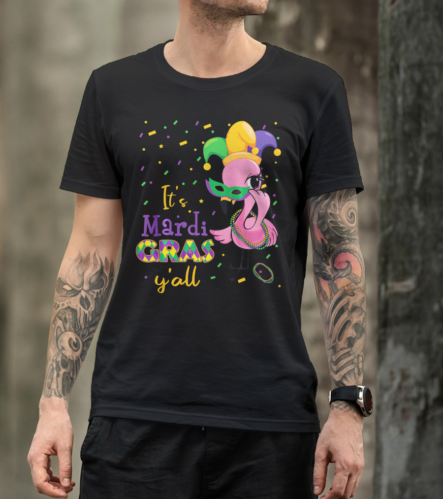 Its Mardi Gras Yall Cute Flamingo Jester Mask Beads T-Shirt