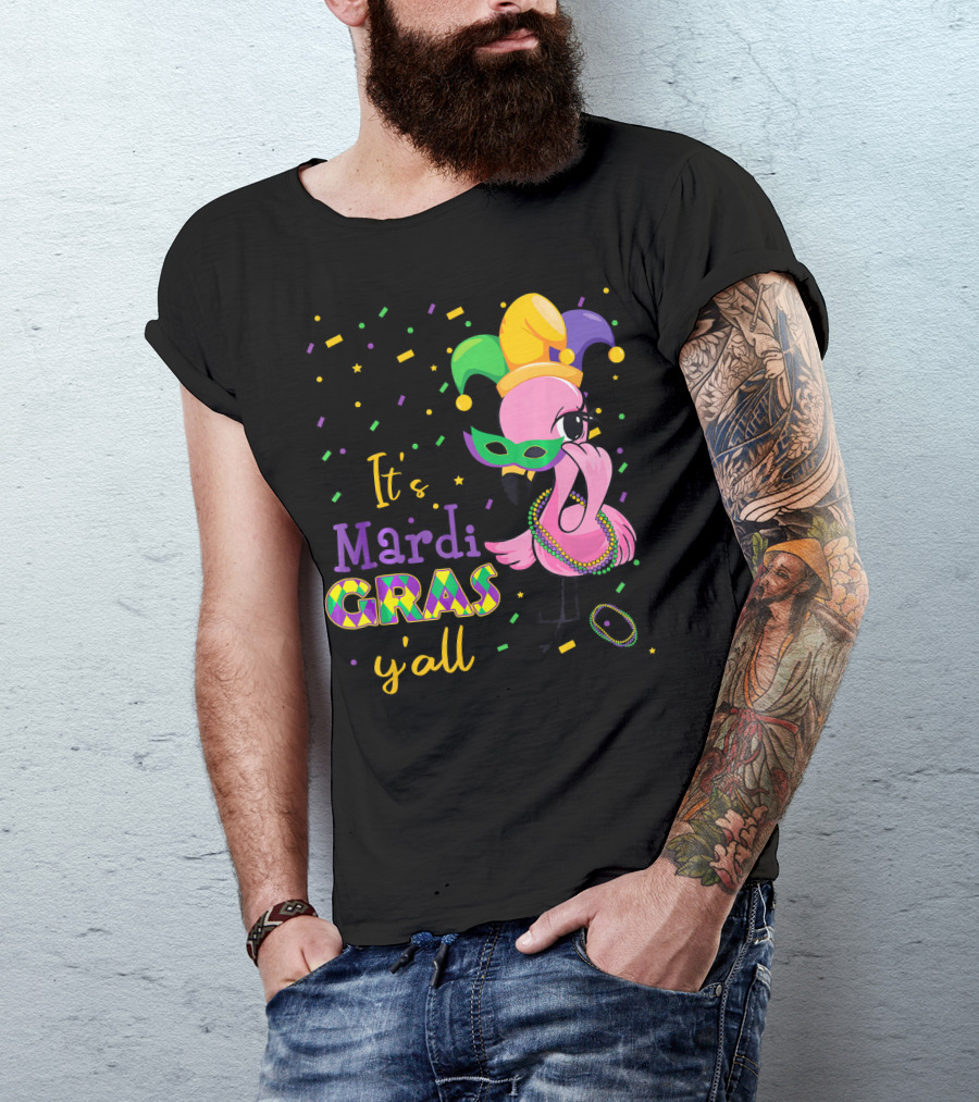 Its Mardi Gras Yall Cute Flamingo Jester Mask Beads T-Shirt
