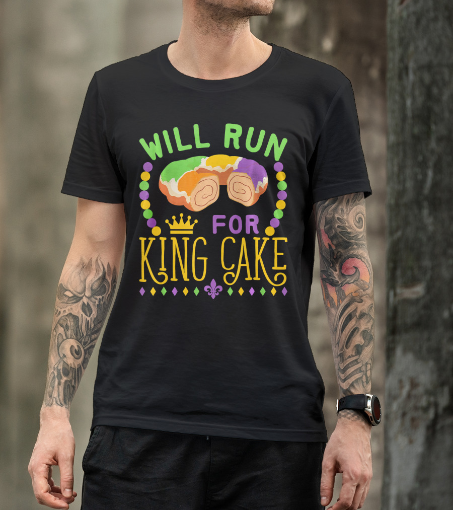 Will Run For King Cake Mardi Gras Festival Beads And Pastry Fleur-de-lis Colors T-Shirt