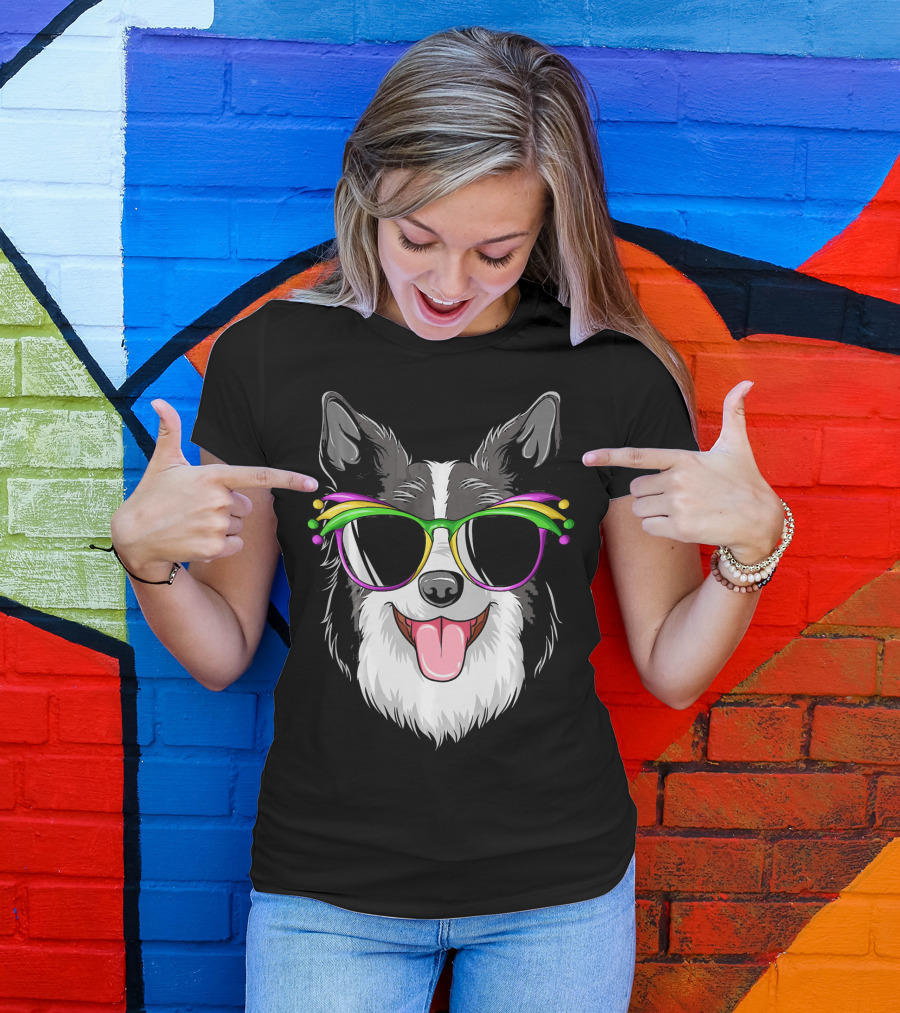 Collie Wearing Mardi Gras Carnival Mask With Colorful Glasses T-Shirt