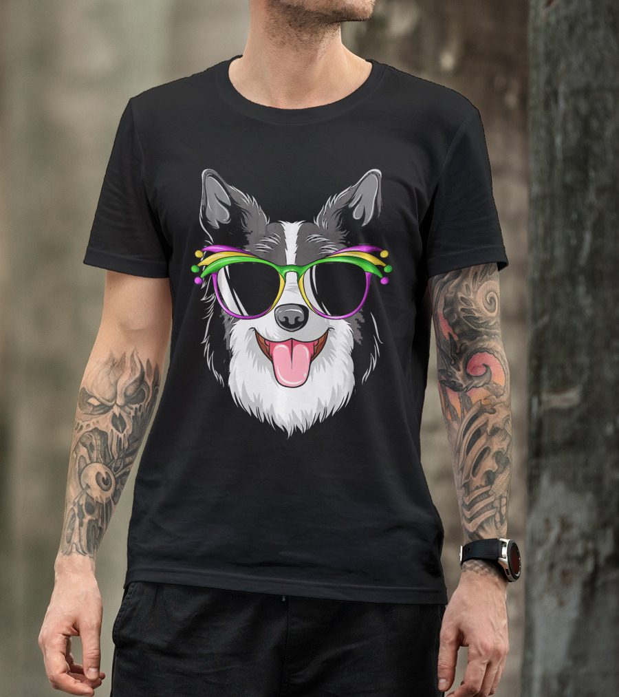 Collie Wearing Mardi Gras Carnival Mask With Colorful Glasses T-Shirt