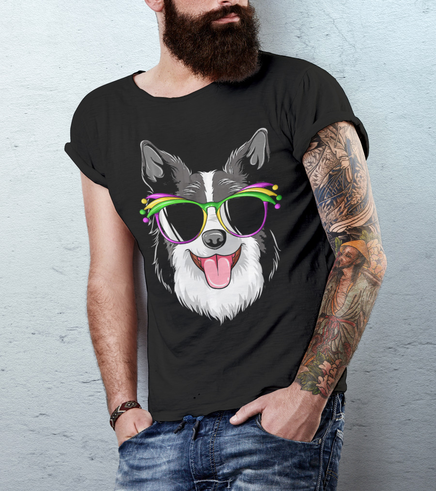 Collie Wearing Mardi Gras Carnival Mask With Colorful Glasses T-Shirt