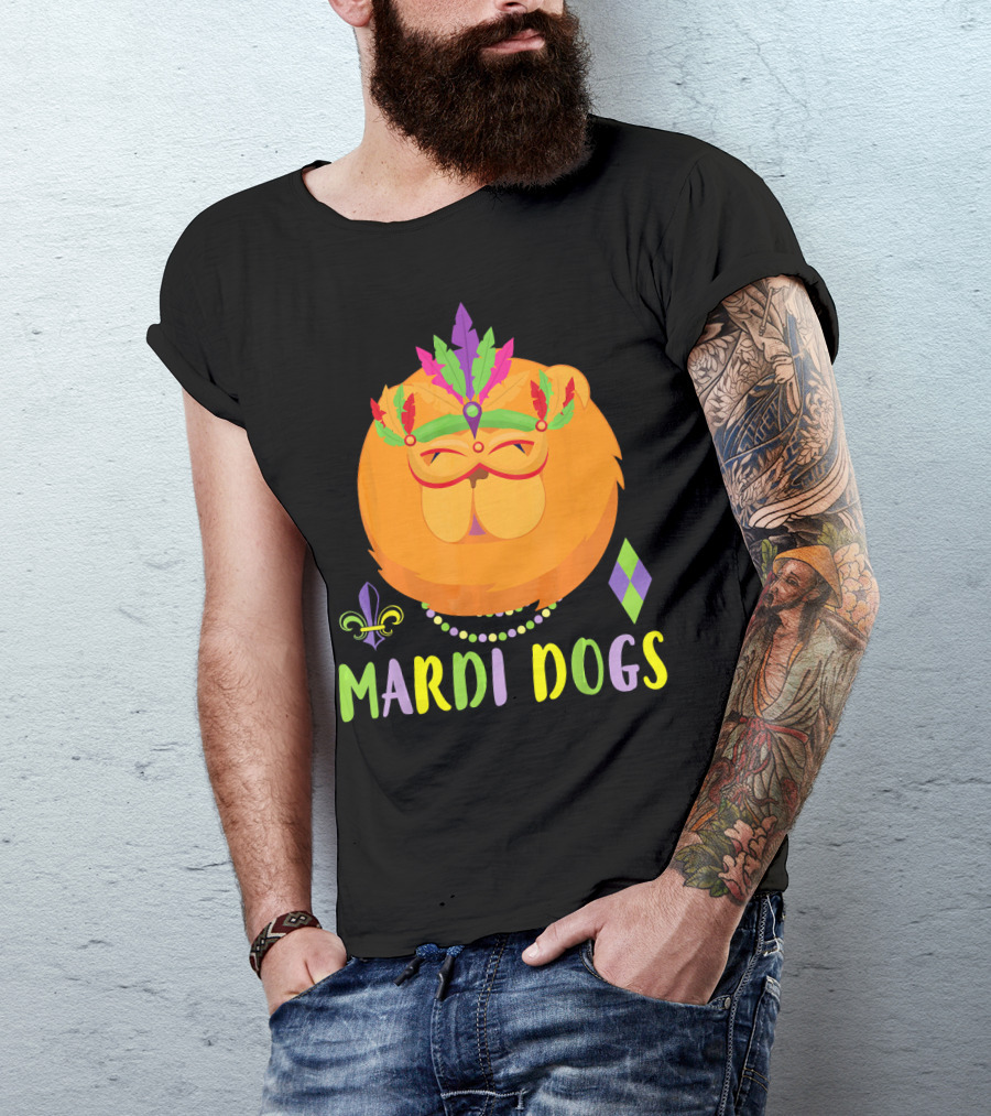Mardi Dogs Chow Chow Costume With Beads And Mardi Gras Mask T-Shirt