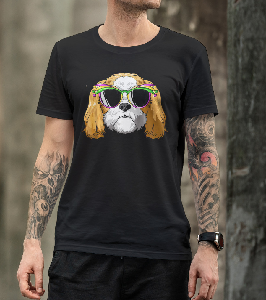 Shih Tzu Wearing Colorful Mardi Gras Carnival Mask Glasses T-Shirt