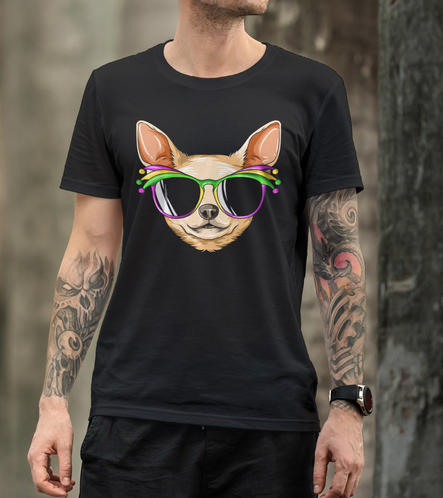 Chihuahua Mardi Gras Carnival Mask Sunglasses T-Shirt