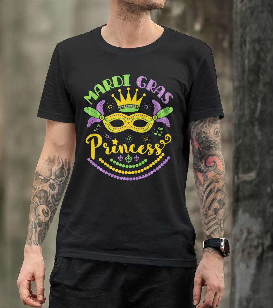 Mardi Gras Princess Crown Mask Beads Fleur-de-Lis Feathers Carnival T-Shirt