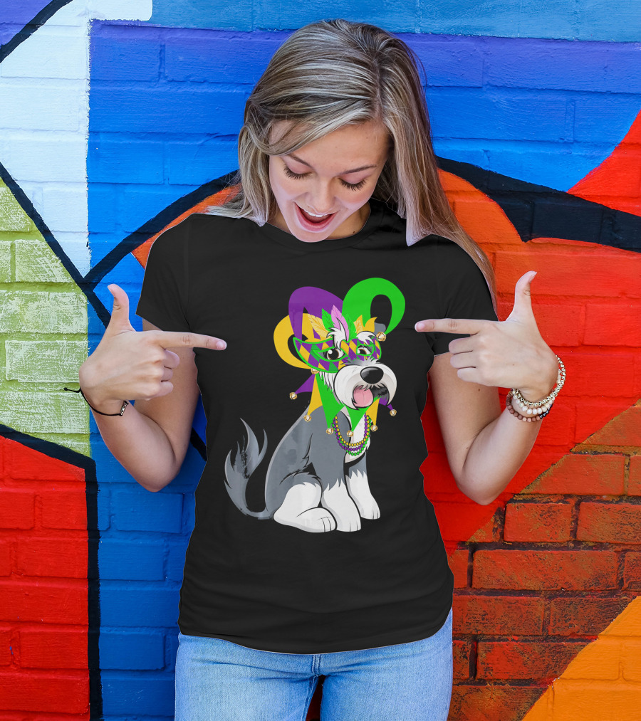 Mardi Gras Schnauzer Dog Mask Beads Feathers Fleur-De-Lis T-Shirt