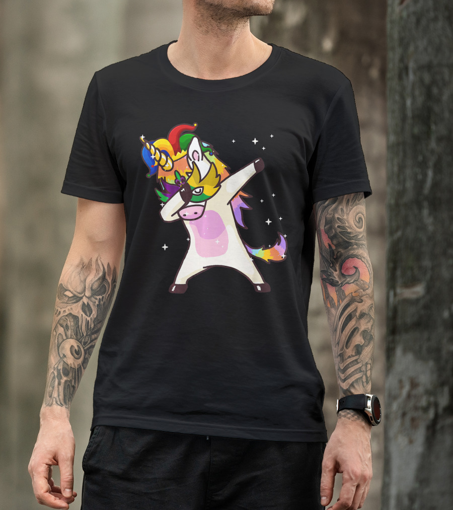 Mardi Gras Dabbing Unicorn Jester Mask Party T-Shirt