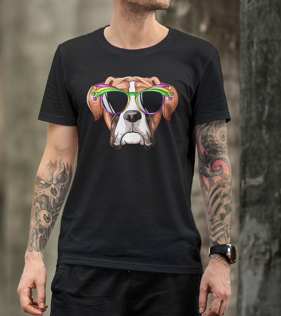 Boxer Dog Mardi Gras Jester Glasses Carnival Mask T-Shirt