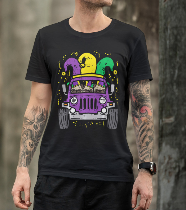 Mardi Gras Jester Pug Dogs In Purple Car T-Shirt