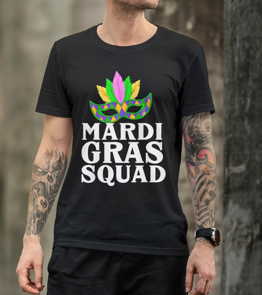 Mardi Gras Squad Colorful Mask And Feathers T-Shirt