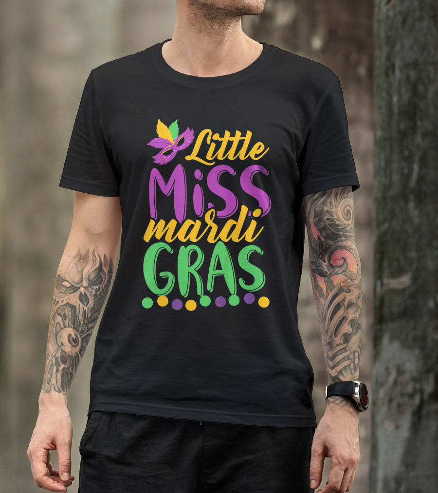 Little Miss Mardi Gras Funny Mardi Mask Feathers Colorful Dots T-Shirt