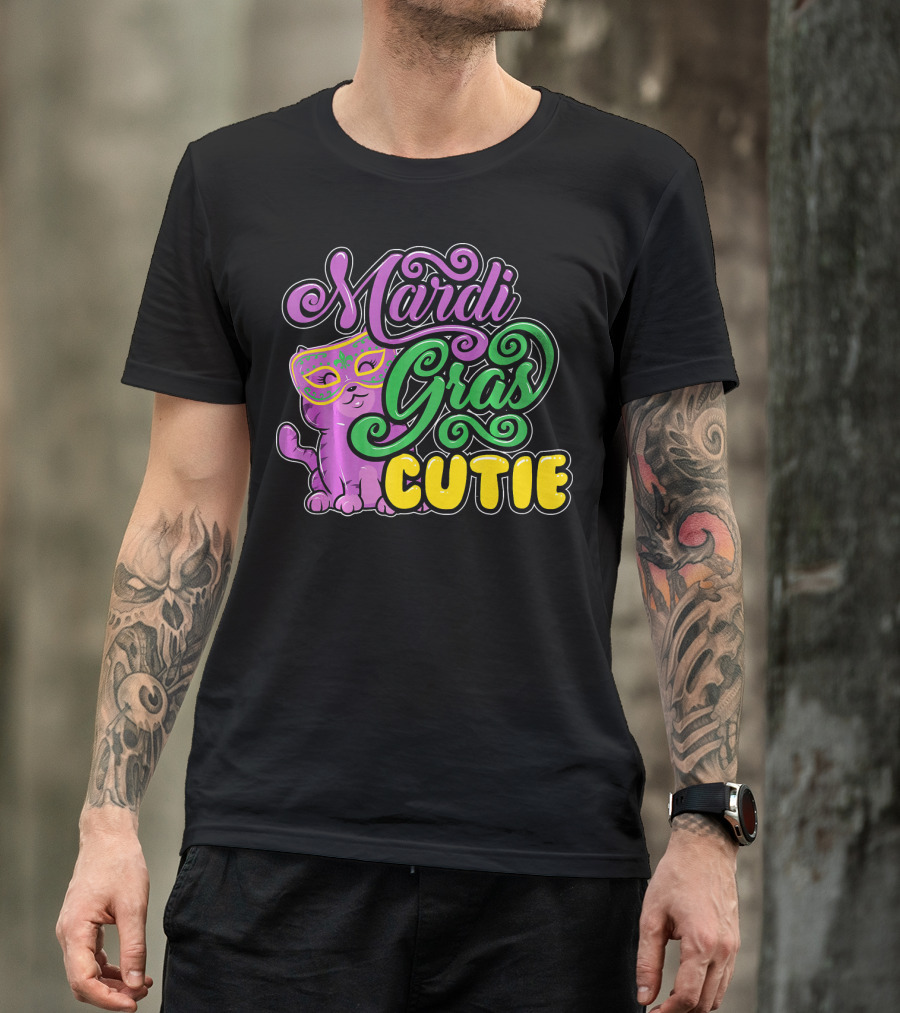 Mardi Gras Cutie Girls Parade Cute Novel Cat With Mask T-Shirt