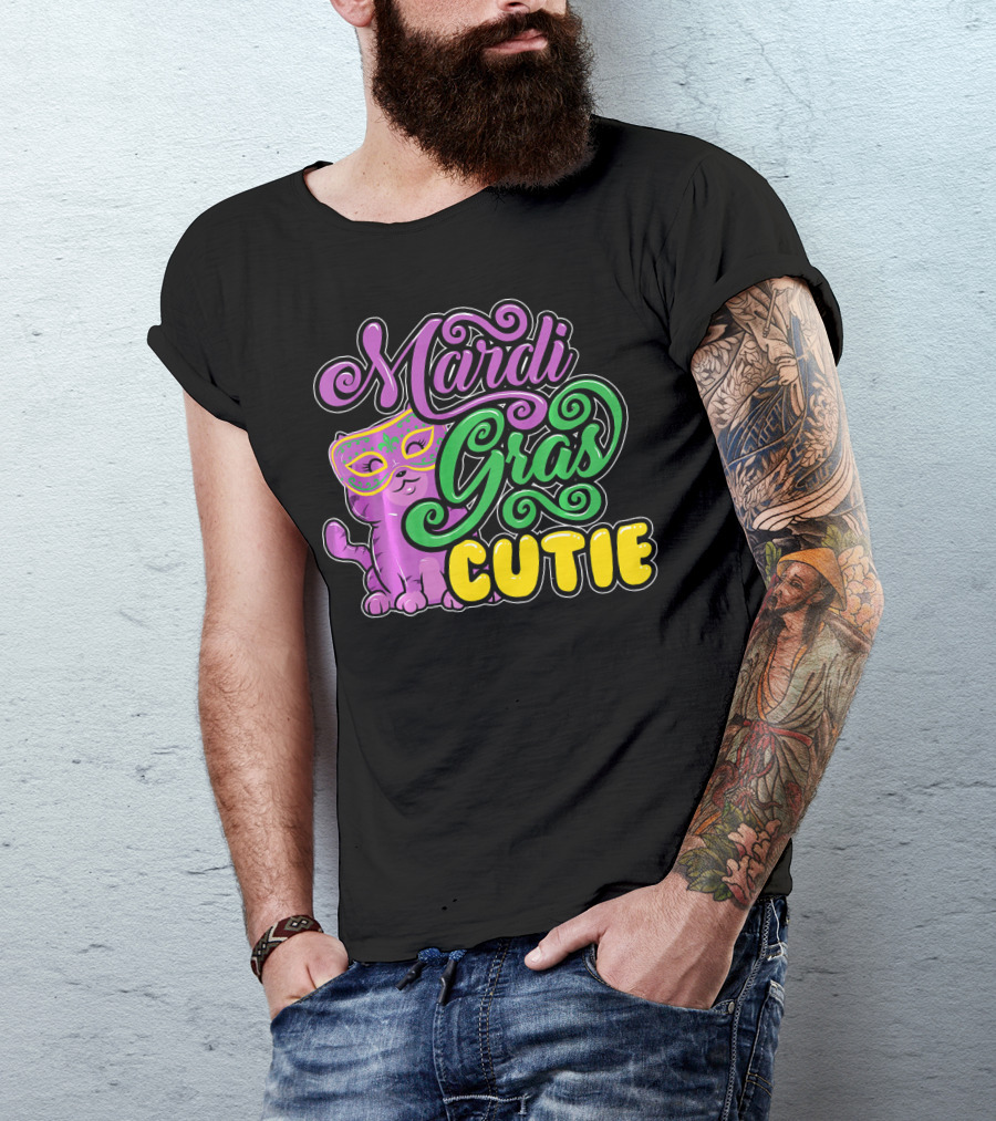 Mardi Gras Cutie Girls Parade Cute Novel Cat With Mask T-Shirt