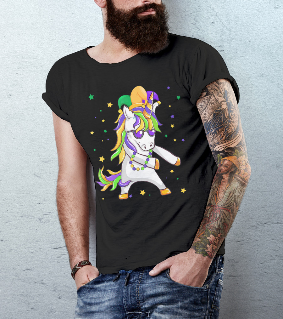 Flossing Unicorn With Mardi Gras Colors And Beads T-Shirt