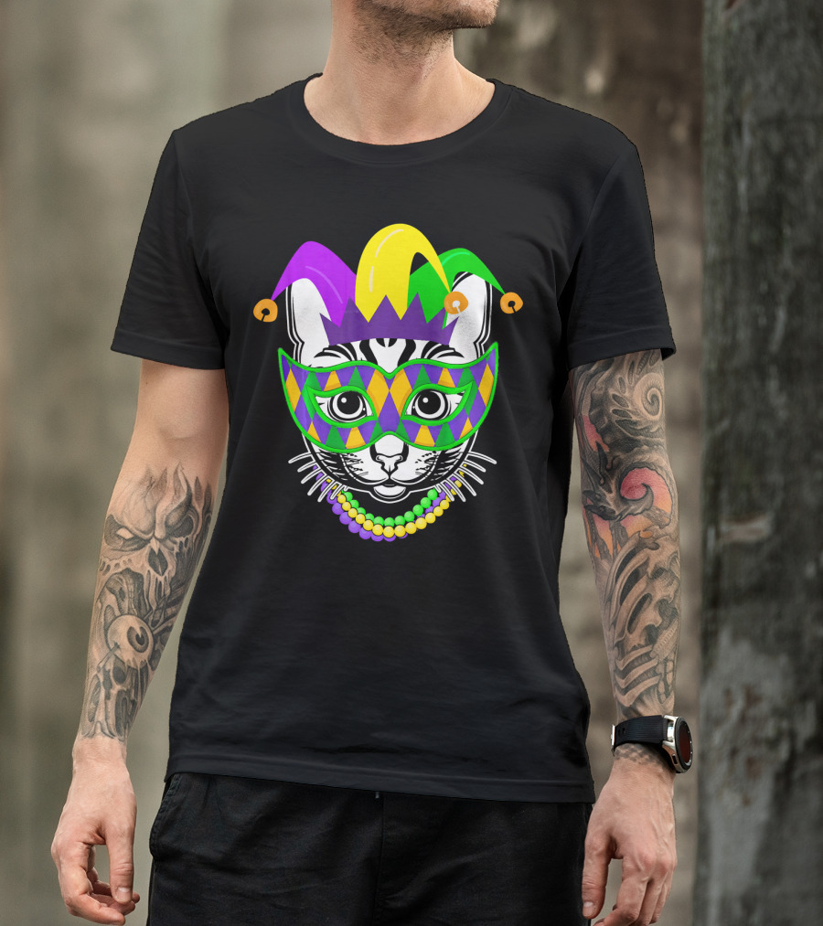 Mardi Gras Cat Jester Mask Beads Kitty Lovers T-Shirt