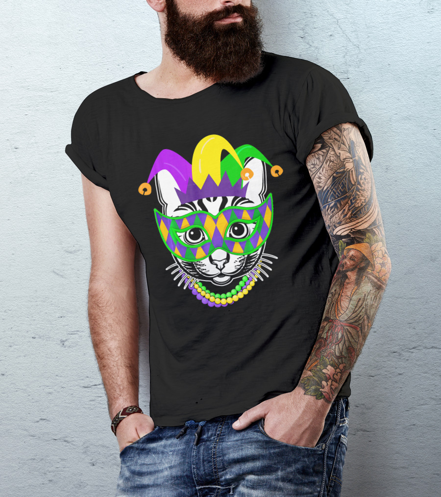 Mardi Gras Cat Jester Mask Beads Kitty Lovers T-Shirt