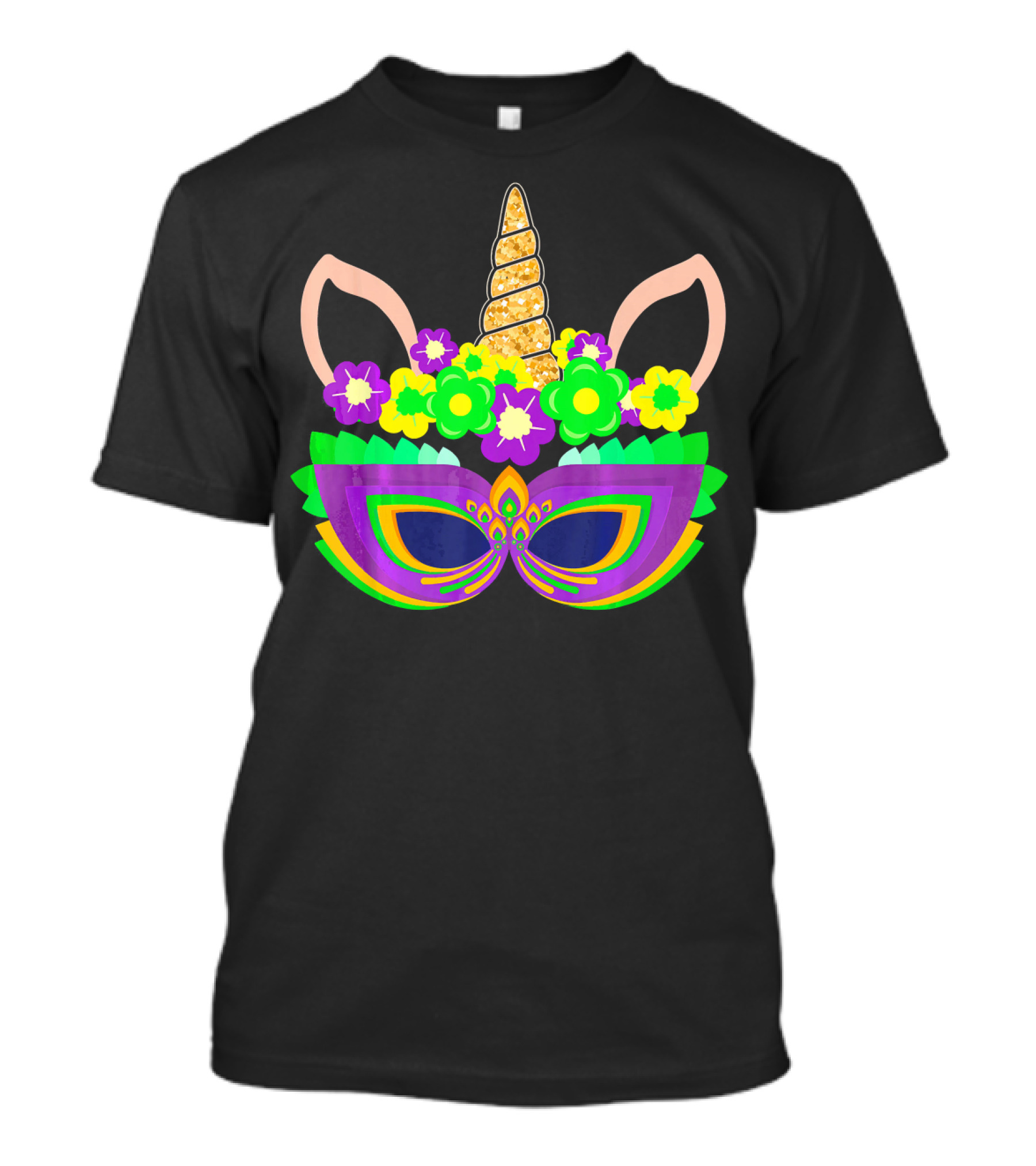 Mardi Gras Unicorn Mask Floral Horn Festive Colors T-Shirt