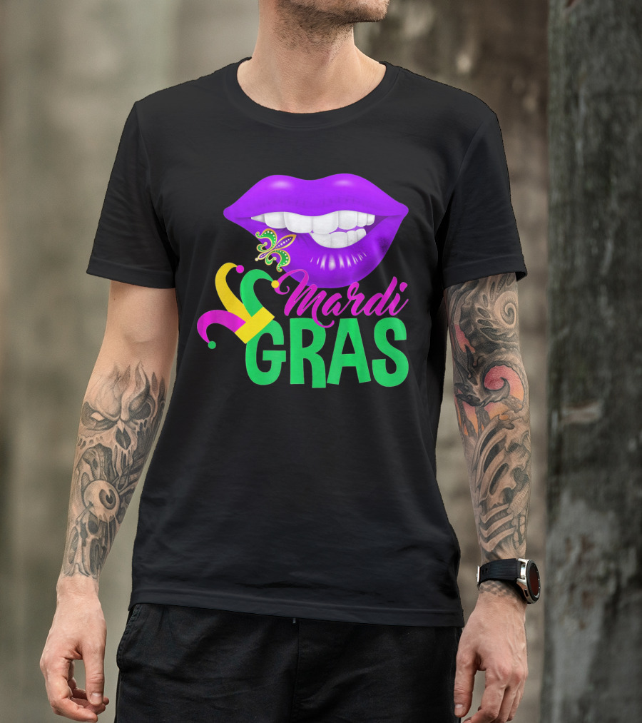 Mardi Gras Lips With Jester Hat And Fleur-de-Lis T-Shirt