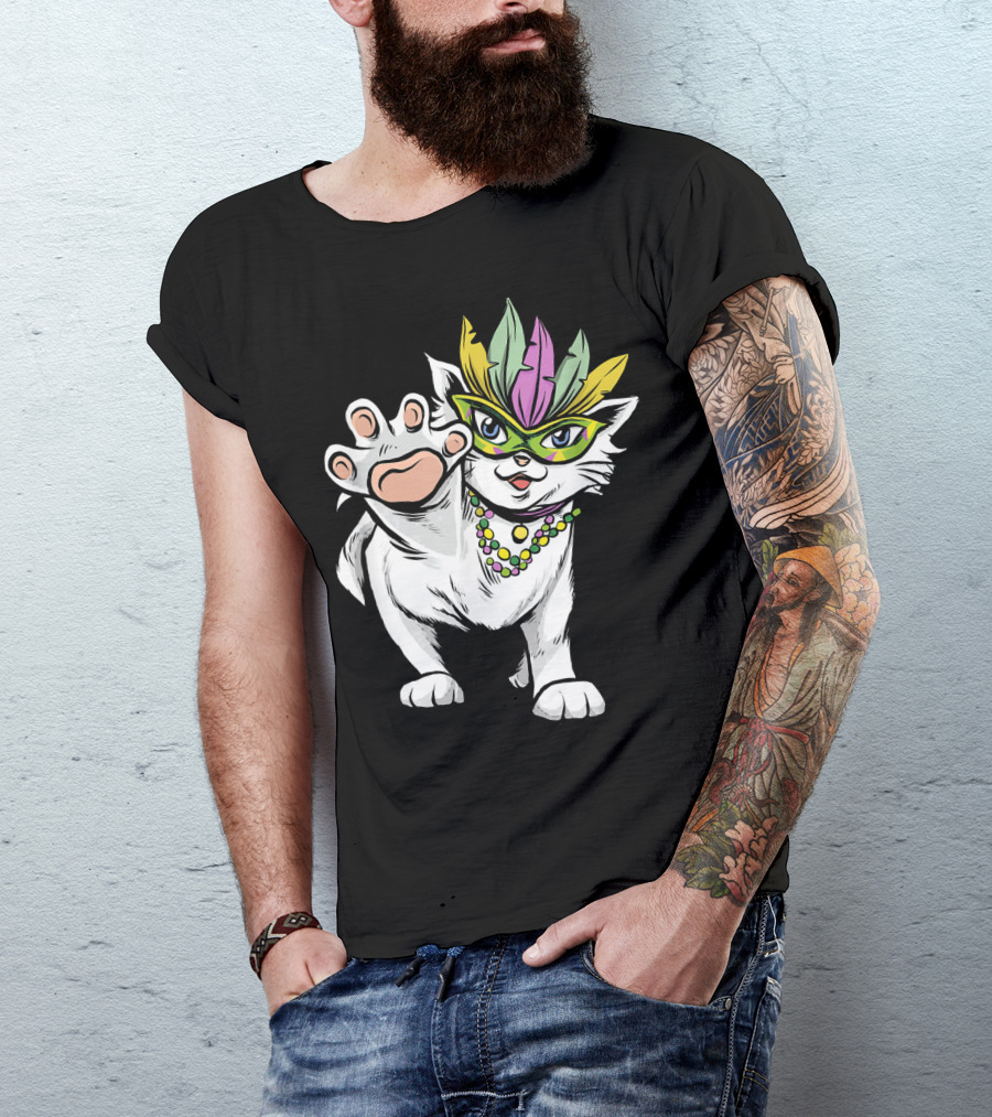 White Cat Mardi Gras Good Luck And Happiness T-Shirt