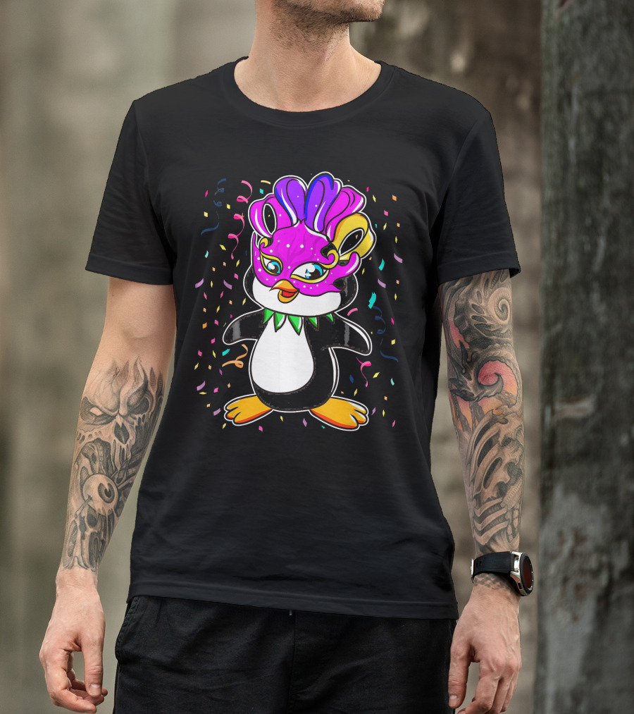 Penguin Mardi Gras Lover Funny Masquerade Festive Confetti T-Shirt
