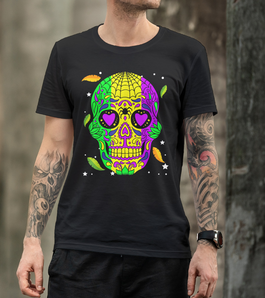Mardi Gras Skull Jester Hat Colorful Feather T-Shirt