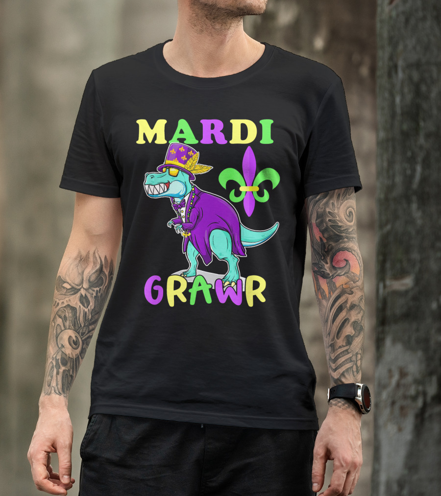 Mardi Grawr Dinosaur Rex New Orleans Fleur De Lis T-Shirt