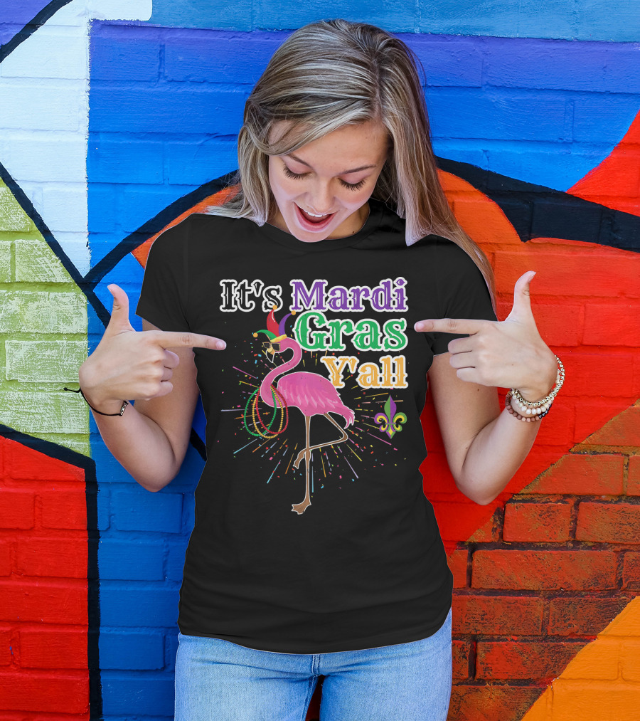 Flamingo It's Mardi Gras Y'all With Beads And Fleur-de-lis T-Shirt